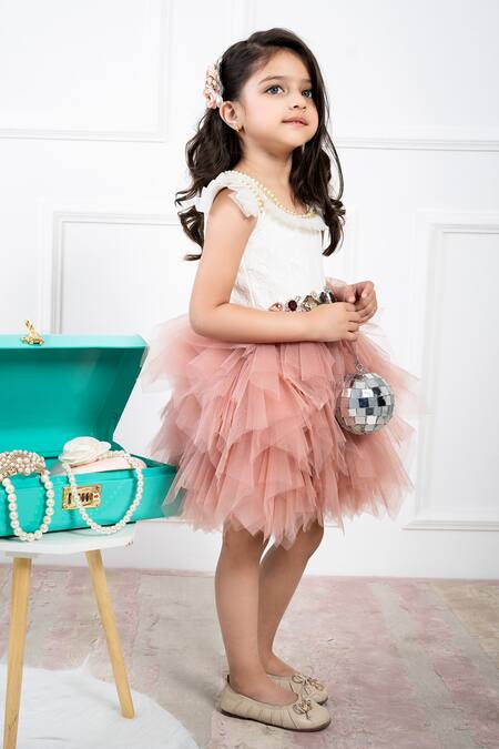 Hoity Moppet White Tulle, Lace Stones, Pearls Cascading Ruffle Dress Online at Aza Fashions Hoity Moppet_White Tulle, Lace Stones, Pearls Cascading Ruffle Dress _Online_at_Aza_Fashions
