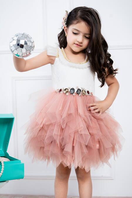 Shop Hoity Moppet White Tulle, Lace Stones, Pearls Cascading Ruffle Dress Online at Aza Fashions Shop_Hoity Moppet_White Tulle, Lace Stones, Pearls Cascading Ruffle Dress _Online_at_Aza_Fashions