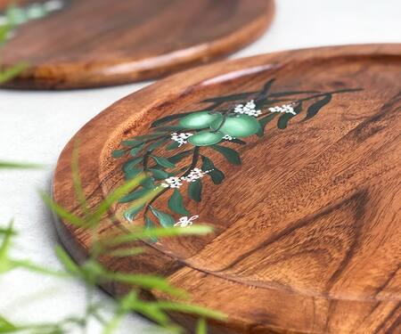 Floursha_Brown Acacia Wood Hand Paint Olive Circle Platter Single Pc_Online_at_Aza_Fashions