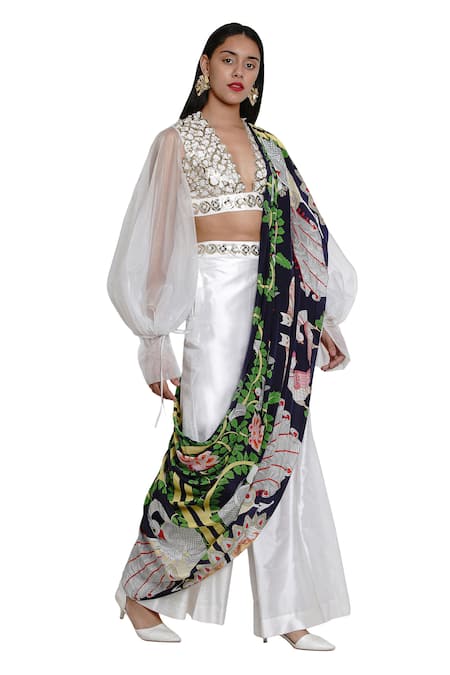Limerick By Abirr N' Nanki_White Organza, Crepe, Dupion Silk V Neck Pre-draped Pant Saree With Blouse_Online_at_Aza_Fashions