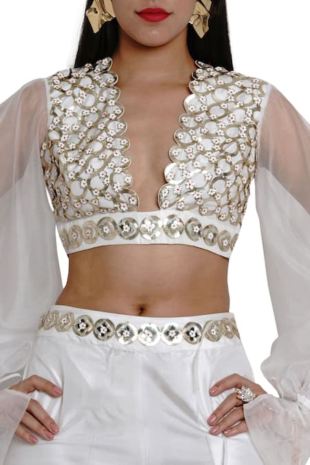 Shop_Limerick By Abirr N' Nanki_White Organza, Crepe, Dupion Silk V Neck Pre-draped Pant Saree With Blouse_Online_at_Aza_Fashions