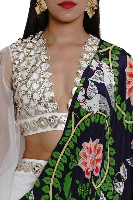 Limerick By Abirr N' Nanki_White Organza, Crepe, Dupion Silk V Neck Pre-draped Pant Saree With Blouse_at_Aza_Fashions