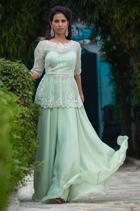 Kanj By Priyanka A Sakhuja Green Silk Organza Sequin Work Illusion Olivia Peplum Top And Sharara Set Online at Aza Fashions Kanj By Priyanka A Sakhuja_Green Silk Organza Sequin Work Illusion Olivia Peplum Top And Sharara Set _Online_at_Aza_Fashions