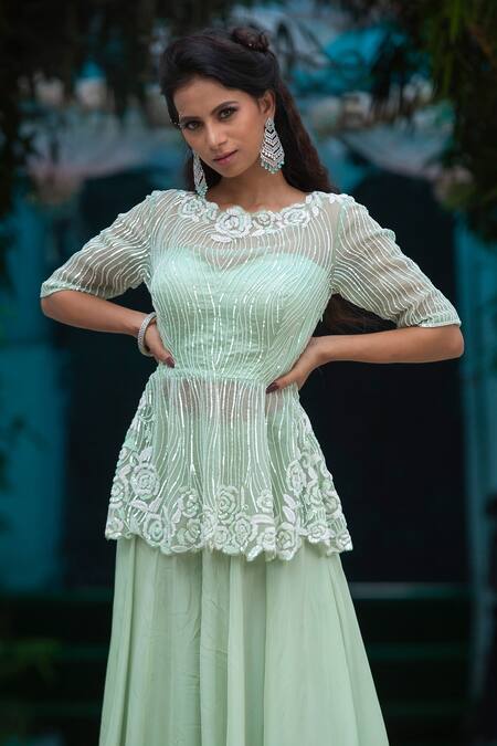 Buy Kanj By Priyanka A Sakhuja Green Silk Organza Sequin Work Illusion Olivia Peplum Top And Sharara Set Online at Aza Fashions Buy_Kanj By Priyanka A Sakhuja_Green Silk Organza Sequin Work Illusion Olivia Peplum Top And Sharara Set _Online_at_Aza_Fashions