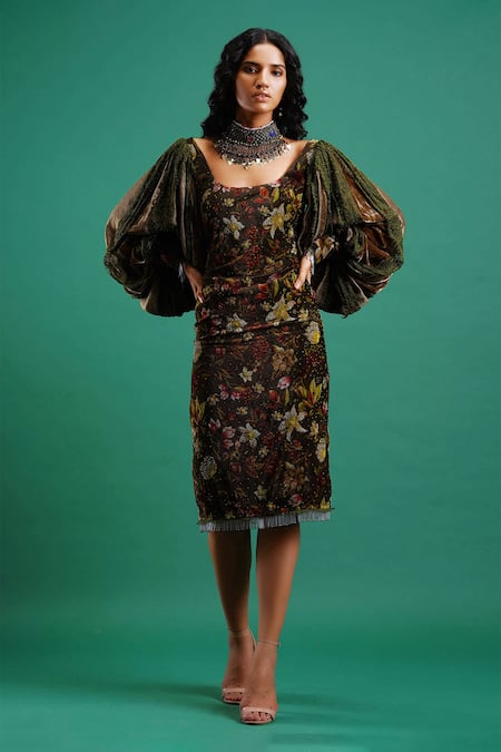 Buy Nidhi Yasha Green Viscose Embroidery Scoop Neck Printed Dress Online at Aza Fashions Buy_Nidhi Yasha_Green Viscose Embroidery Scoop Neck Printed Dress _Online_at_Aza_Fashions