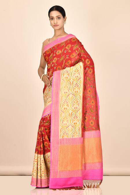 Nazaakat By Samara Singh_Red Hand Painted Banarasi Munga Silk Saree_Online_at_Aza_Fashions