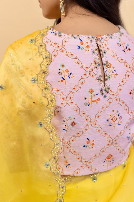 Pita Nila_Yellow Satin Silk Organza Embroidery Soha Cutwork Saree With Blouse  _Online_at_Aza_Fashions