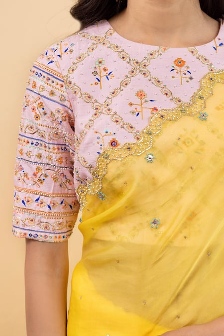 Shop_Pita Nila_Yellow Satin Silk Organza Embroidery Soha Cutwork Saree With Blouse  _Online_at_Aza_Fashions