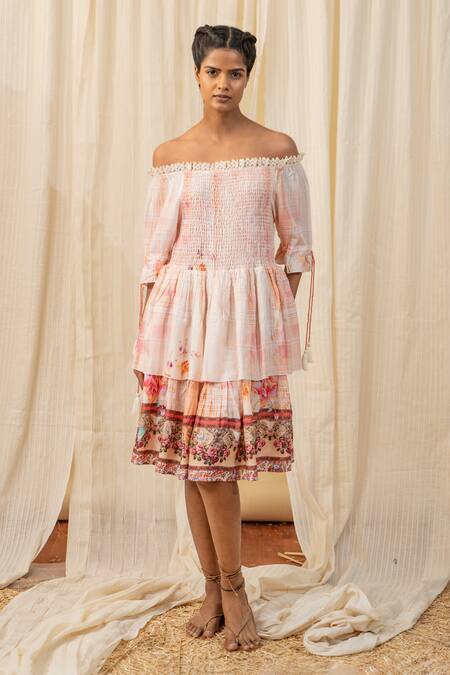 Label Reyya - Peach Rayon Printed And Embellished Floral One Off Tiered  Dress For Women