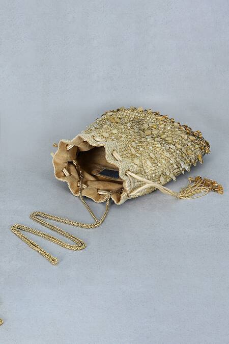 Shop Lovetobag Gold Crystals, Beads Opal Tassel Potli Bag Online at Aza Fashions Shop_Lovetobag_Gold Crystals, Beads Opal Tassel Potli Bag _Online_at_Aza_Fashions