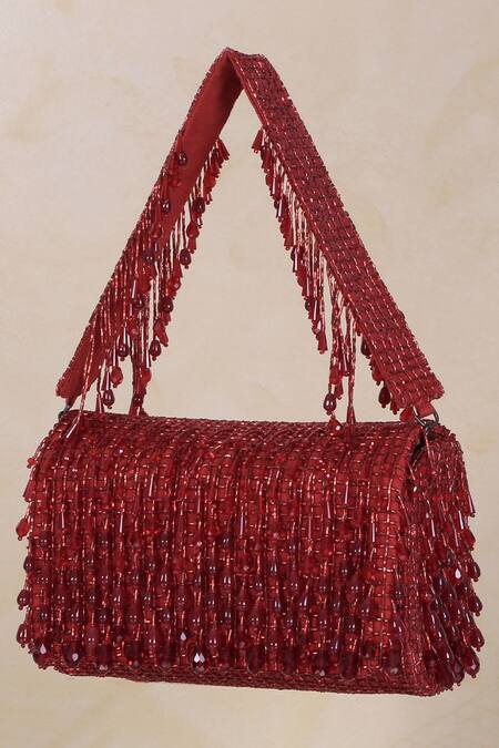 Lovetobag_Red Crystals, Diamonds, Beads Opal Embellished Flapover Clutch _Online_at_Aza_Fashions