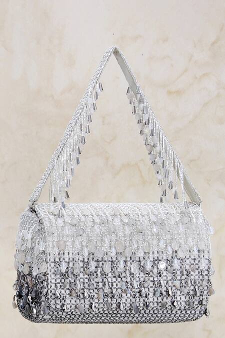 Lovetobag_Silver Japanese Beads Opal Crystal Embellished Flapover Clutch _Online_at_Aza_Fashions