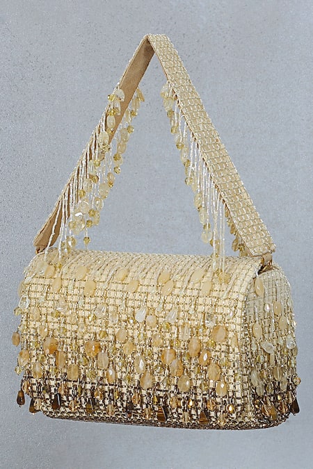 Lovetobag_Gold Crystals, Diamonds, Beads Opal Embellished Flapover Clutch _Online_at_Aza_Fashions