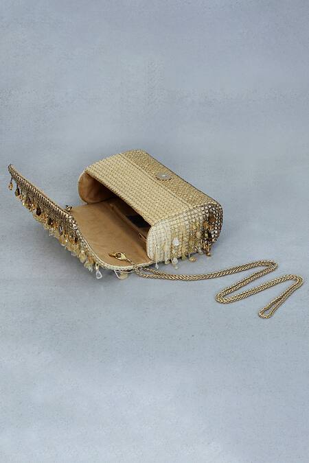 Buy_Lovetobag_Gold Crystals, Diamonds, Beads Opal Embellished Flapover Clutch _Online_at_Aza_Fashions