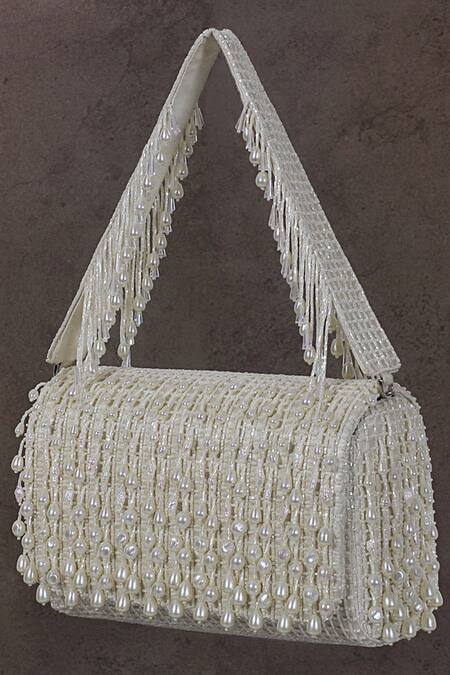Lovetobag_White Crystals, Diamonds, Pearls Opal Bead Embellished Flapover Clutch _Online_at_Aza_Fashions