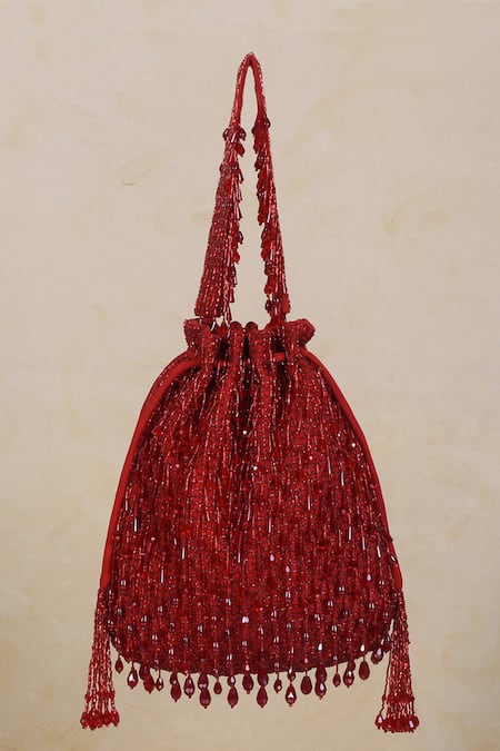 Lovetobag Red Crystals, Diamonds, Beads Opal Tassel Potli Bag