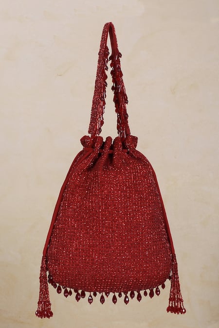 Shop Lovetobag Red Crystals, Diamonds, Beads Opal Tassel Potli Bag at Aza Fashions Shop_Lovetobag_Red Crystals, Diamonds, Beads Opal Tassel Potli Bag _at_Aza_Fashions