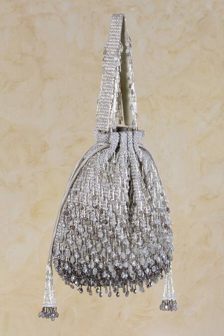 Lovetobag_Silver Crystals, Diamonds, Beads Opal Tassel Potli Bag _Online_at_Aza_Fashions