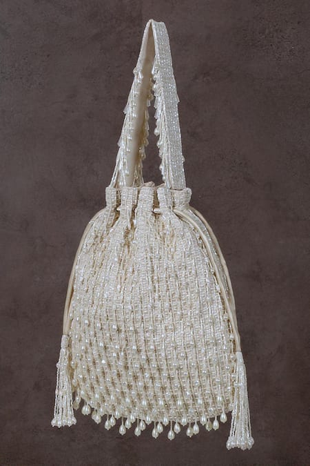 Lovetobag_Ivory Crystals, Diamonds, Zari Opal Bead Tassel Potli Bag _Online_at_Aza_Fashions