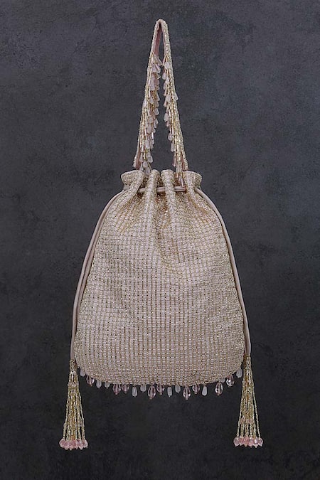 Shop Lovetobag Pink Crystals, Diamonds, Beads Opal Tassel Potli Bag at Aza Fashions Shop_Lovetobag_Pink Crystals, Diamonds, Beads Opal Tassel Potli Bag _at_Aza_Fashions