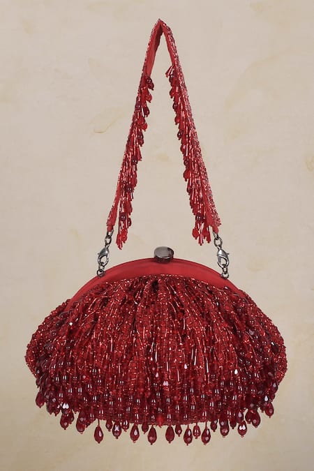 Lovetobag Red Crystals, Diamonds, Beads Opal Tassel Clutch With Handle 