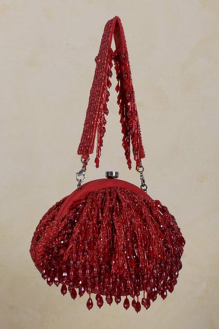 Lovetobag Red Crystals, Diamonds, Beads Opal Tassel Clutch With Handle Online at Aza Fashions Lovetobag_Red Crystals, Diamonds, Beads Opal Tassel Clutch With Handle _Online_at_Aza_Fashions