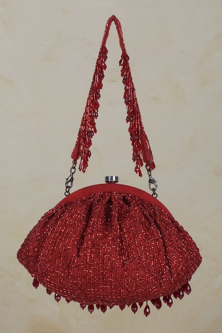 Shop Lovetobag Red Crystals, Diamonds, Beads Opal Tassel Clutch With Handle at Aza Fashions Shop_Lovetobag_Red Crystals, Diamonds, Beads Opal Tassel Clutch With Handle _at_Aza_Fashions
