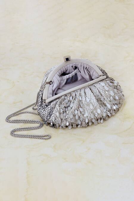 Lovetobag Silver Crystals, Diamonds, Beads Opal Tassel Clutch With Handle Online at Aza Fashions Lovetobag_Silver Crystals, Diamonds, Beads Opal Tassel Clutch With Handle _Online_at_Aza_Fashions