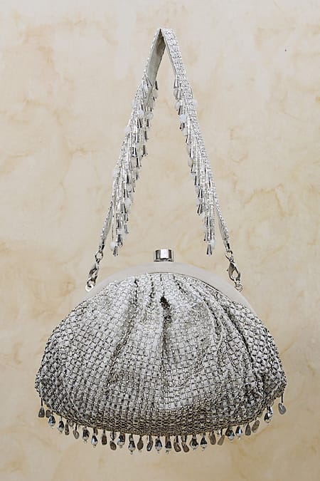 Shop Lovetobag Silver Crystals, Diamonds, Beads Opal Tassel Clutch With Handle at Aza Fashions Shop_Lovetobag_Silver Crystals, Diamonds, Beads Opal Tassel Clutch With Handle _at_Aza_Fashions