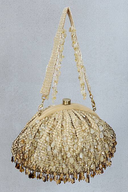 Lovetobag Gold Crystals, Diamonds, Beads Opal Soft Pouch With Handle Online at Aza Fashions Lovetobag_Gold Crystals, Diamonds, Beads Opal Soft Pouch With Handle _Online_at_Aza_Fashions
