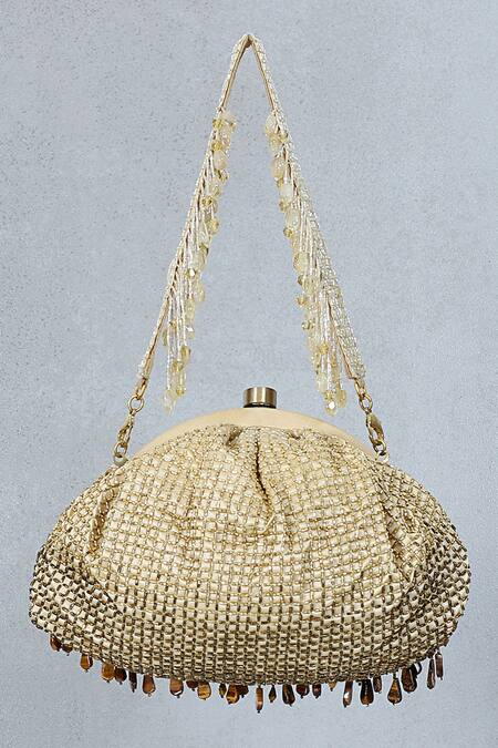Shop Lovetobag Gold Crystals, Diamonds, Beads Opal Soft Pouch With Handle at Aza Fashions Shop_Lovetobag_Gold Crystals, Diamonds, Beads Opal Soft Pouch With Handle _at_Aza_Fashions