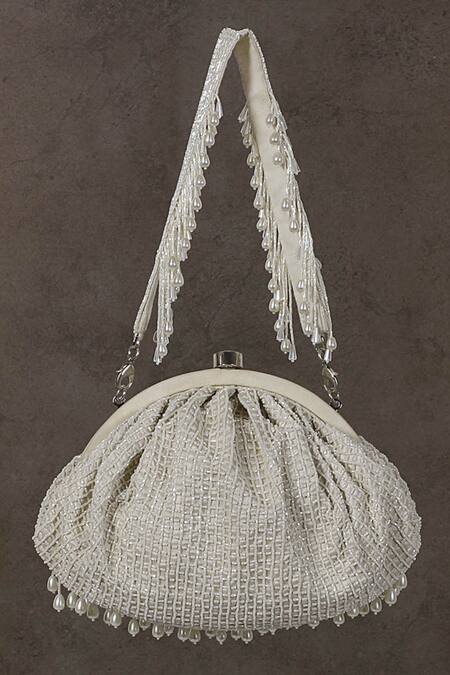 Shop Lovetobag Ivory Crystals, Beads Opal Soft Pouch With Handle at Aza Fashions Shop_Lovetobag_Ivory Crystals, Beads Opal Soft Pouch With Handle _at_Aza_Fashions