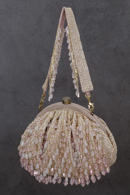 Lovetobag_Pink Crystals, Diamonds, Beads Opal Pouch With Handle _Online_at_Aza_Fashions