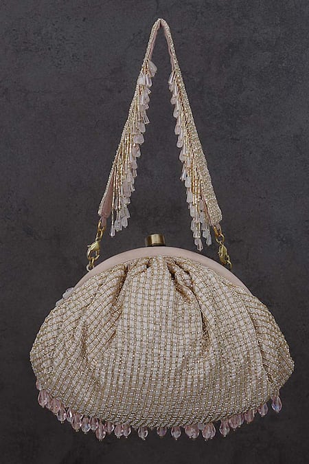Shop_Lovetobag_Pink Crystals, Diamonds, Beads Opal Pouch With Handle _at_Aza_Fashions