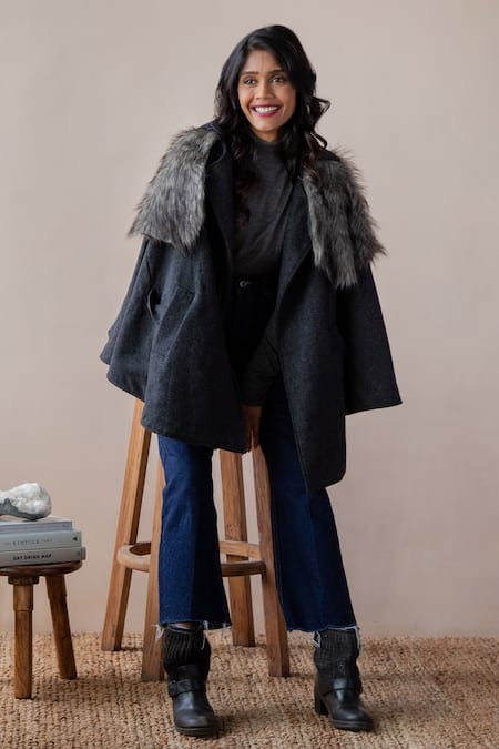 Wool cape with hot sale fur trim