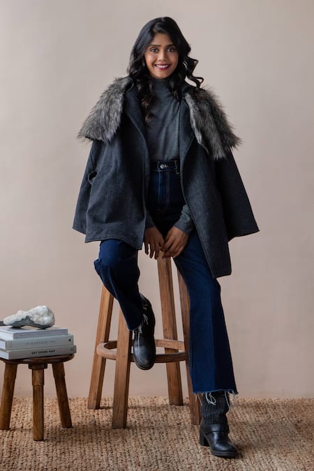 Shop Rhe-Ana Grey Poly , Wool Blend Shirt Collar Saz Cape at Aza Fashions Shop_Rhe-Ana_Grey Poly , Wool Blend Shirt Collar Saz Cape _at_Aza_Fashions