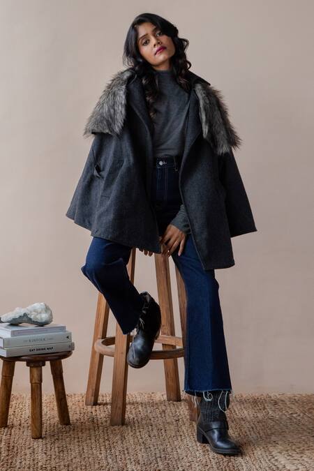 Rhe-Ana Grey Poly , Wool Blend Shirt Collar Saz Cape Online at Aza Fashions Rhe-Ana_Grey Poly , Wool Blend Shirt Collar Saz Cape _Online_at_Aza_Fashions