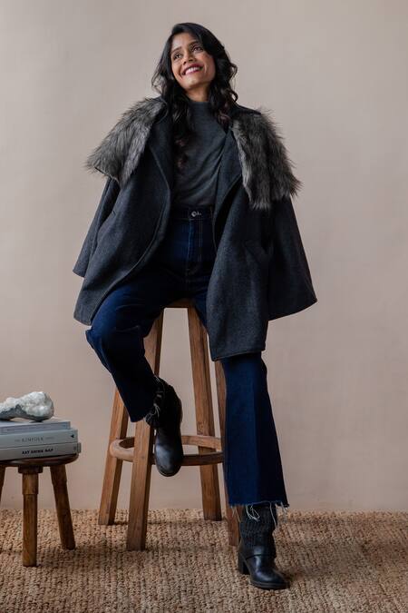 Buy Rhe-Ana Grey Poly , Wool Blend Shirt Collar Saz Cape Online at Aza Fashions Buy_Rhe-Ana_Grey Poly , Wool Blend Shirt Collar Saz Cape _Online_at_Aza_Fashions