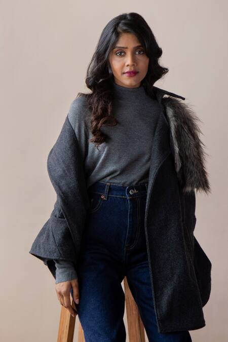 Rhe-Ana Grey Poly , Wool Blend Shirt Collar Saz Cape at Aza Fashions Rhe-Ana_Grey Poly , Wool Blend Shirt Collar Saz Cape _at_Aza_Fashions