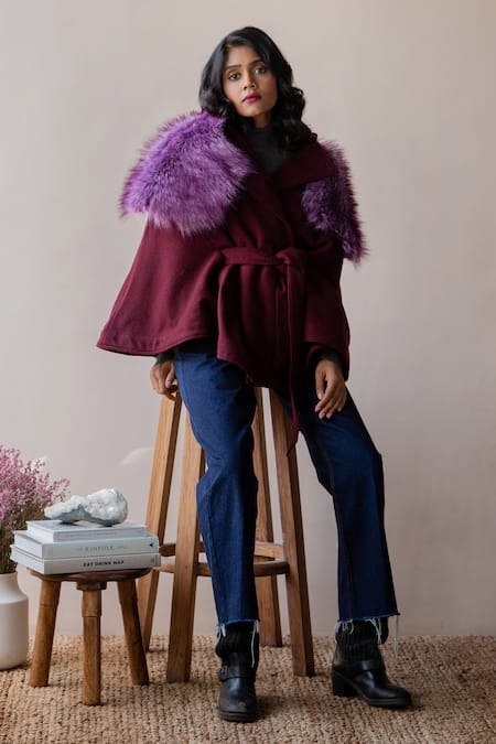 Shop Rhe-Ana Purple Poly , Wool Blend Shirt Collar Saz Cape at Aza Fashions Shop_Rhe-Ana_Purple Poly , Wool Blend Shirt Collar Saz Cape _at_Aza_Fashions