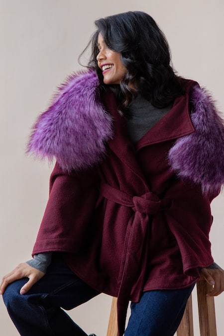 Rhe-Ana Purple Poly , Wool Blend Shirt Collar Saz Cape at Aza Fashions Rhe-Ana_Purple Poly , Wool Blend Shirt Collar Saz Cape _at_Aza_Fashions