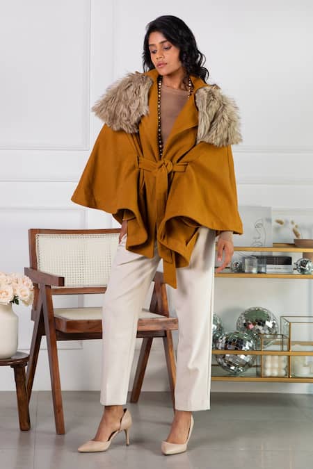 Shop Rhe-Ana Yellow Poly , Wool Blend Shirt Collar Saz Cape at Aza Fashions Shop_Rhe-Ana_Yellow Poly , Wool Blend Shirt Collar Saz Cape _at_Aza_Fashions