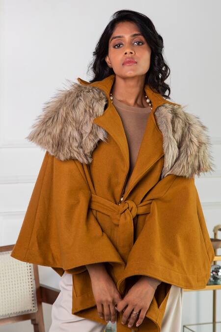 Shop Rhe-Ana Yellow Poly , Wool Blend Shirt Collar Saz Cape Online at Aza Fashions Shop_Rhe-Ana_Yellow Poly , Wool Blend Shirt Collar Saz Cape _Online_at_Aza_Fashions