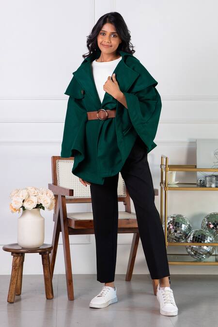 Shop Rhe-Ana Green Poly , Wool Blend Shirt Collar Jaz Cape at Aza Fashions Shop_Rhe-Ana_Green Poly , Wool Blend Shirt Collar Jaz Cape _at_Aza_Fashions