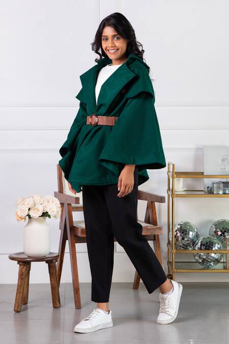 Rhe-Ana Green Poly , Wool Blend Shirt Collar Jaz Cape Online at Aza Fashions Rhe-Ana_Green Poly , Wool Blend Shirt Collar Jaz Cape _Online_at_Aza_Fashions