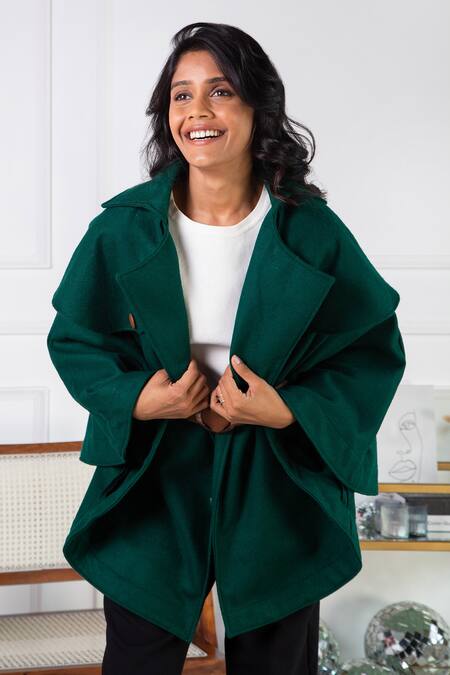 Shop Rhe-Ana Green Poly , Wool Blend Shirt Collar Jaz Cape Online at Aza Fashions Shop_Rhe-Ana_Green Poly , Wool Blend Shirt Collar Jaz Cape _Online_at_Aza_Fashions