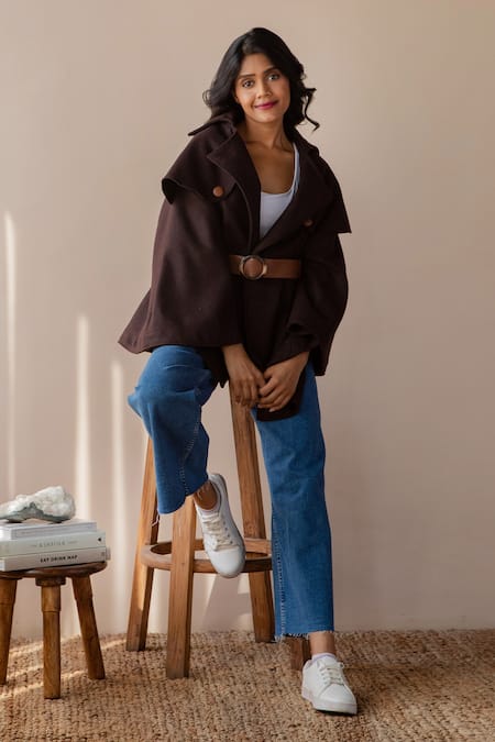Rhe-Ana Brown Poly , Wool Blend Shirt Collar Jaz Cape