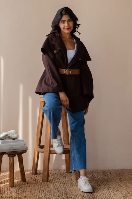 Shop_Rhe-Ana_Brown Poly , Wool Blend Shirt Collar Jaz Cape _at_Aza_Fashions