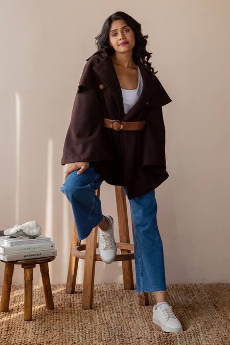 Rhe-Ana_Brown Poly , Wool Blend Shirt Collar Jaz Cape _Online_at_Aza_Fashions
