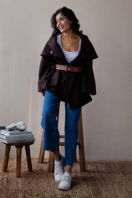 Buy_Rhe-Ana_Brown Poly , Wool Blend Shirt Collar Jaz Cape _Online_at_Aza_Fashions